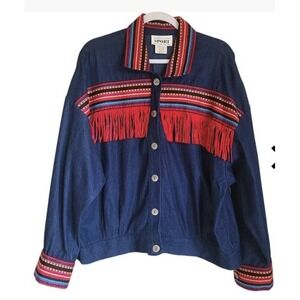 Vintage Red Fringe Denim Shirt Jacket Size 16 Button Up Western Cowgirl 80s USA